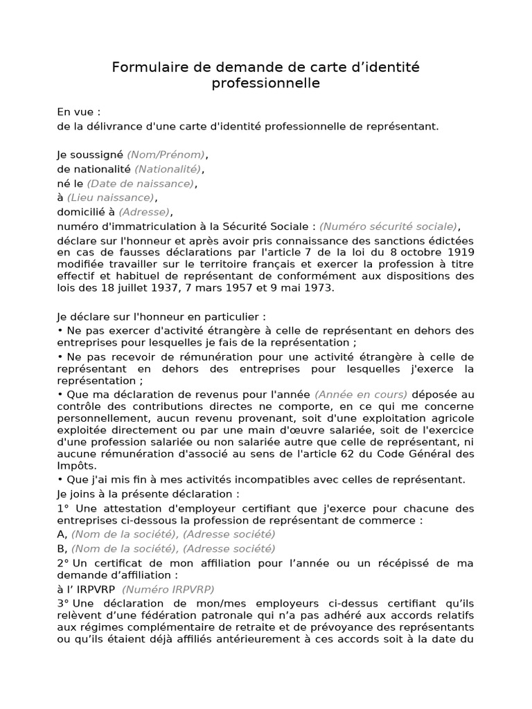 Demande de carte d'identité professionnelle | PDF | Retraite | Impôt ...