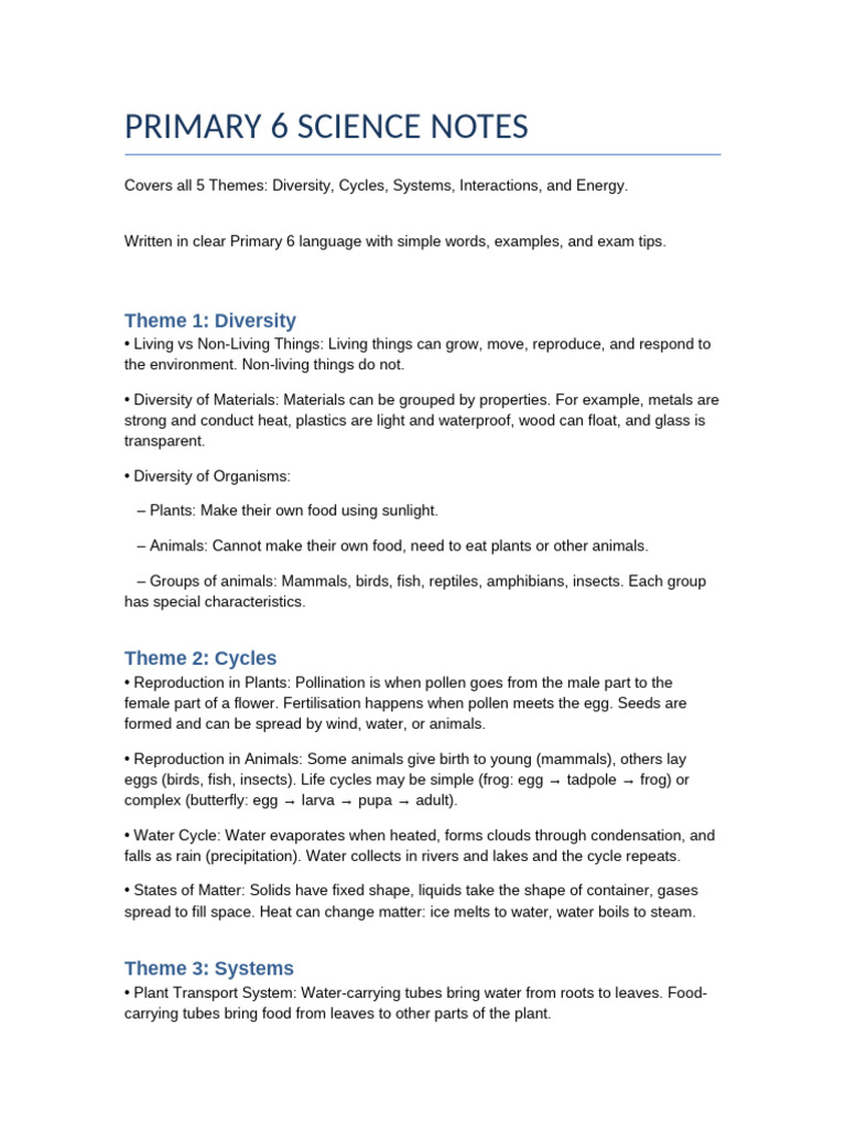 Primary 6 Science Revision Notes | PDF | Water | Blood