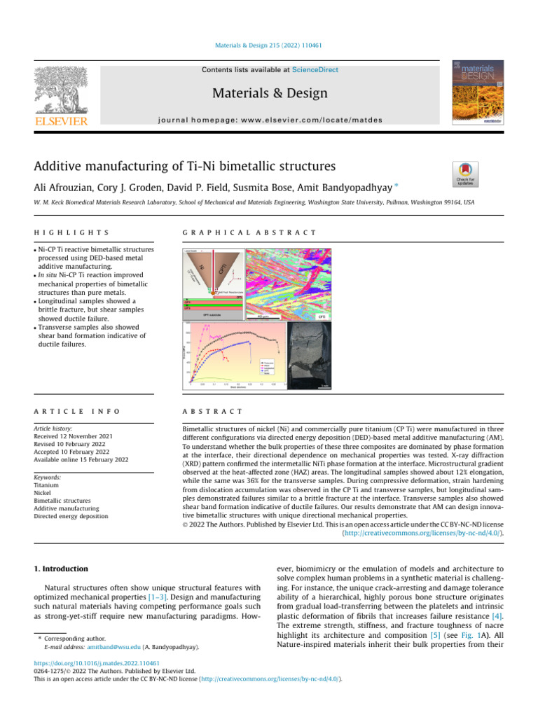 Additive Manufacturing of Ti-Ni Bimetals | PDF | Fracture | Deformation ...