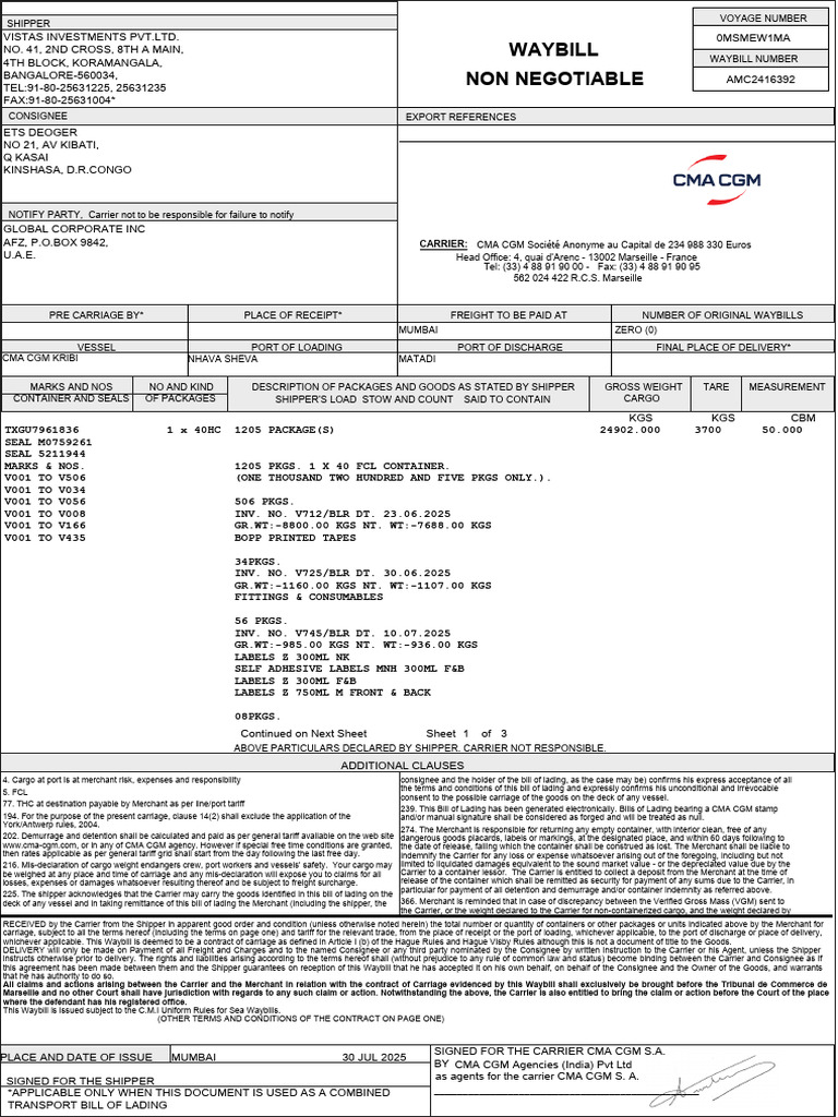 Shipping Waybill for Container TXGU7961836 | PDF | Bill Of Lading | Cargo
