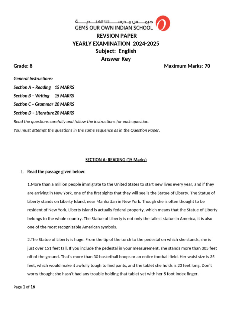 Grade 8 English Exam Answer Key 2024-2025 | PDF