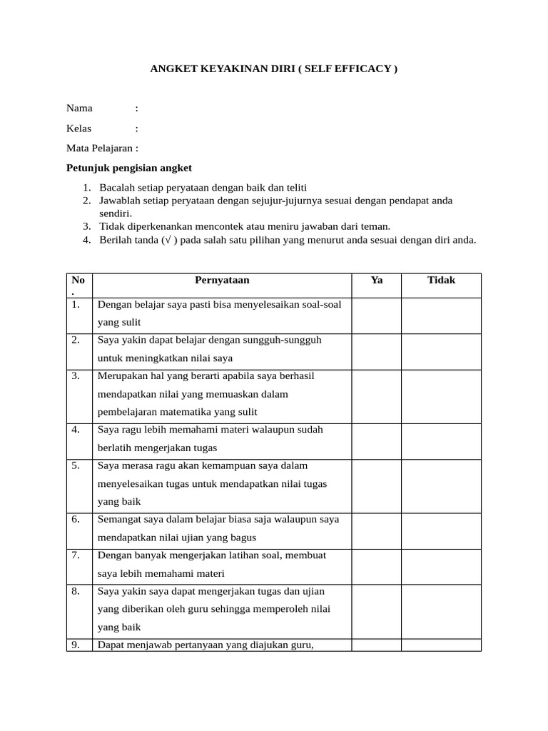 Angket Keyakinan Diri untuk Siswa | PDF
