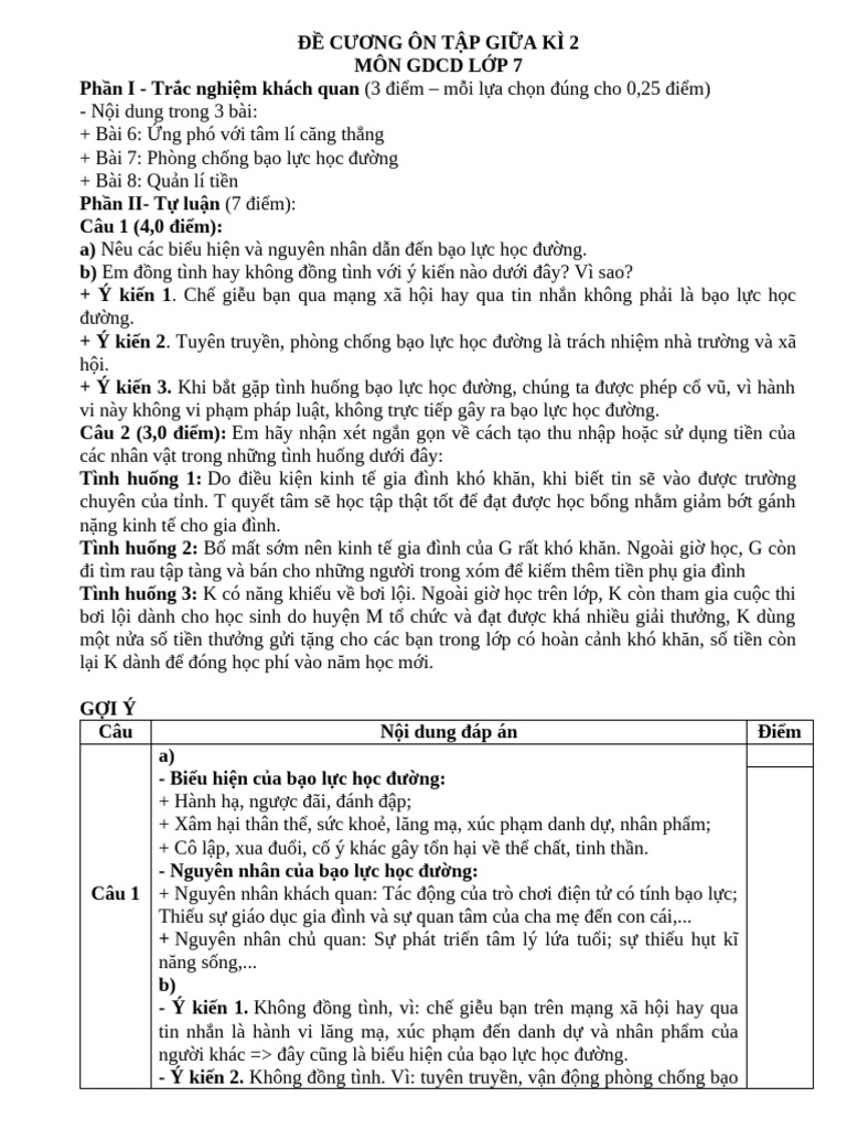 Đề Cương Ôn Tập Giữa Kì 2 Môn GDCD 7 | PDF