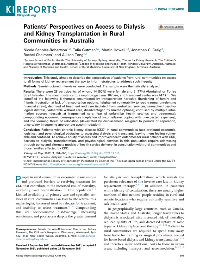 Patients Perspectives in Rural Communities | PDF | Chronic Kidney ...