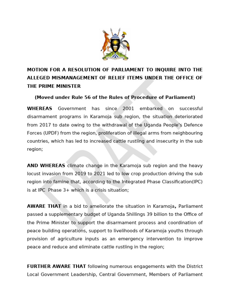 Motion For A Resolution of Parliament - Ministry of Karamoja Affairs ...