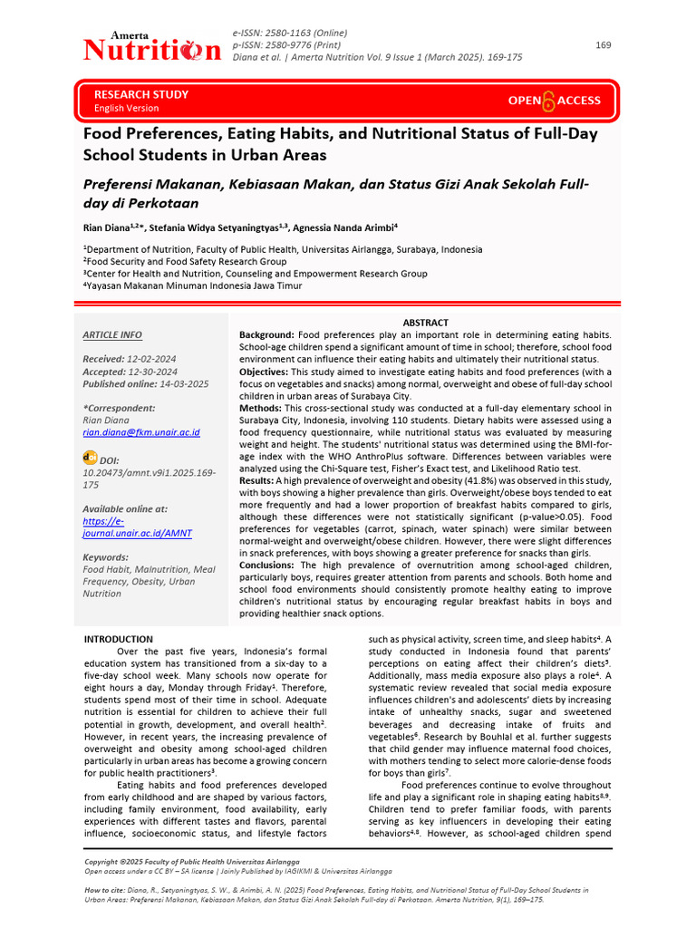 Food Preferences, Eating Habits, and Nutritional Status of Full-Day ...