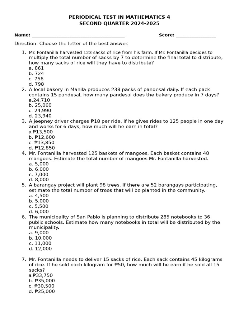 Math Test for Grade 4 Students | PDF
