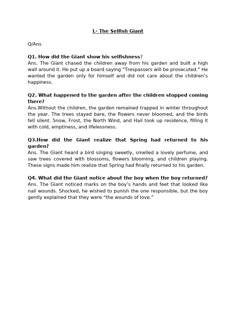 CH The Selfish Giant Qand A Supp | PDF
