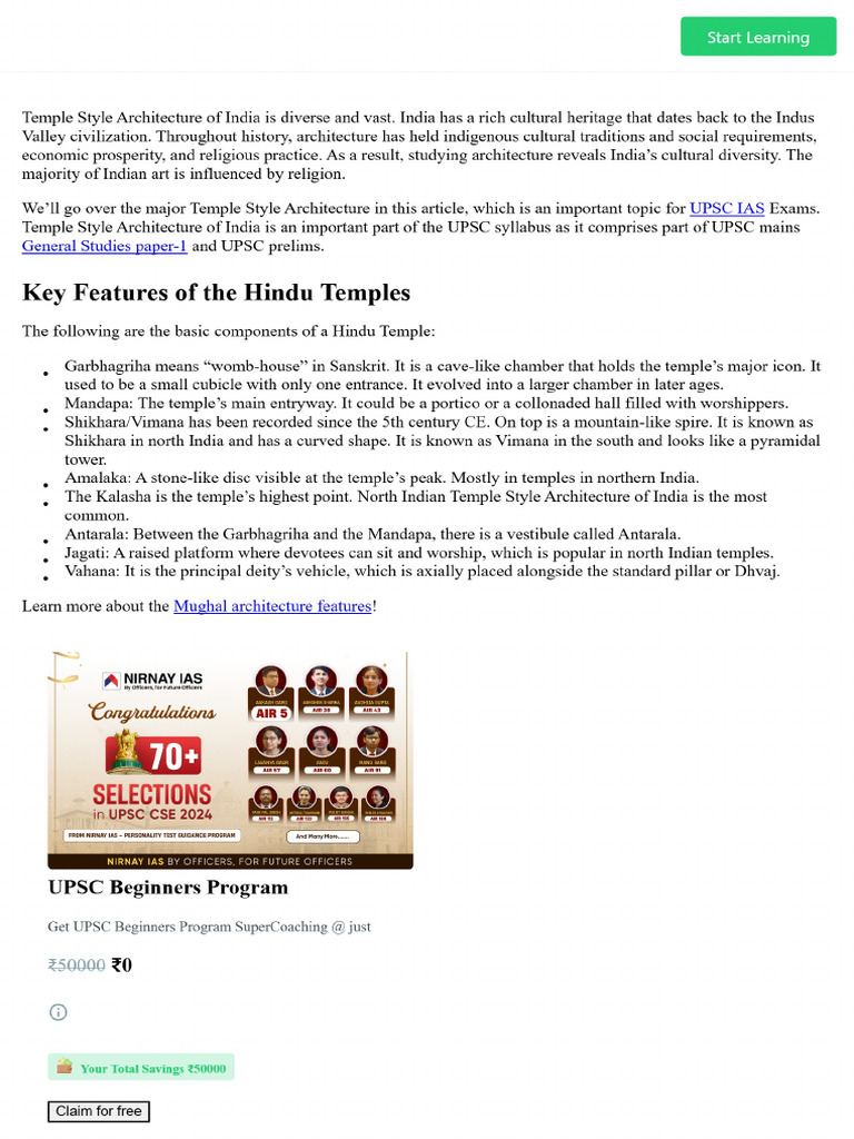 Temple Style Architecture of India Nagara, Dravida & Vesra Style | PDF