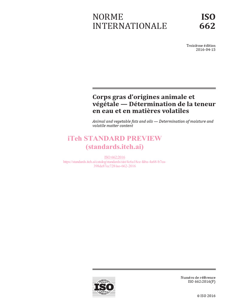 Teneur en eau des corps gras - ISO 662 | PDF | Organisation ...