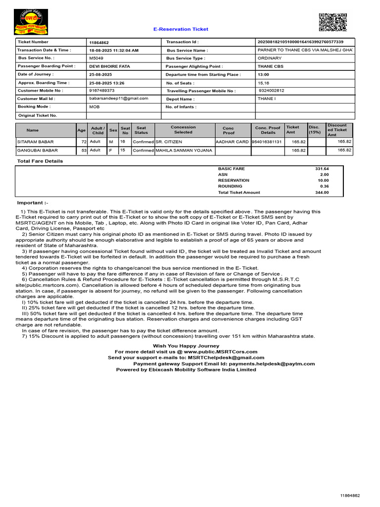 E-Reservation Ticket for MSRTC Bus Travel | PDF | Fare | Public Transport