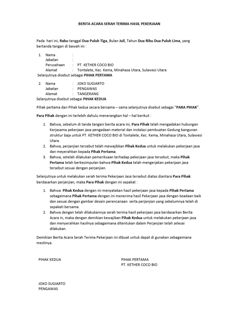 Serah Terima Pekerjaan PT. Kether Coco Bio | PDF