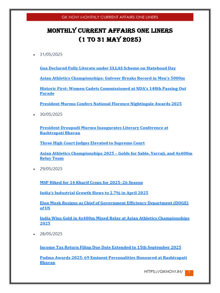 May 2025 Current Affairs Highlights | PDF