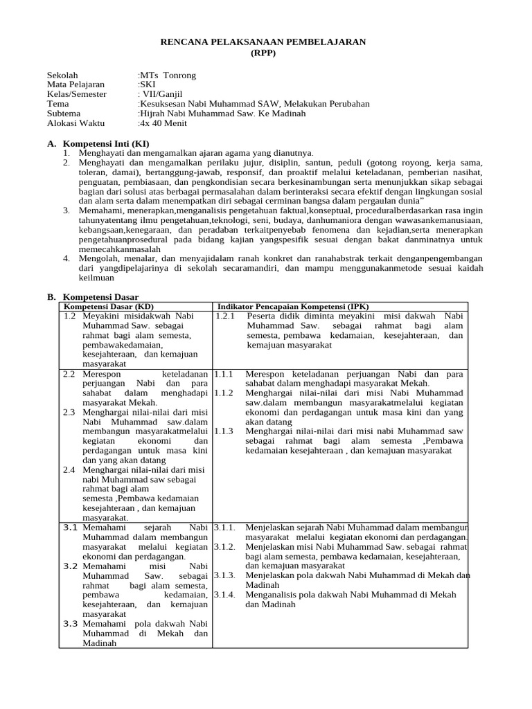 RPP SKI Kelas VII: Hijrah Nabi Muhammad | PDF