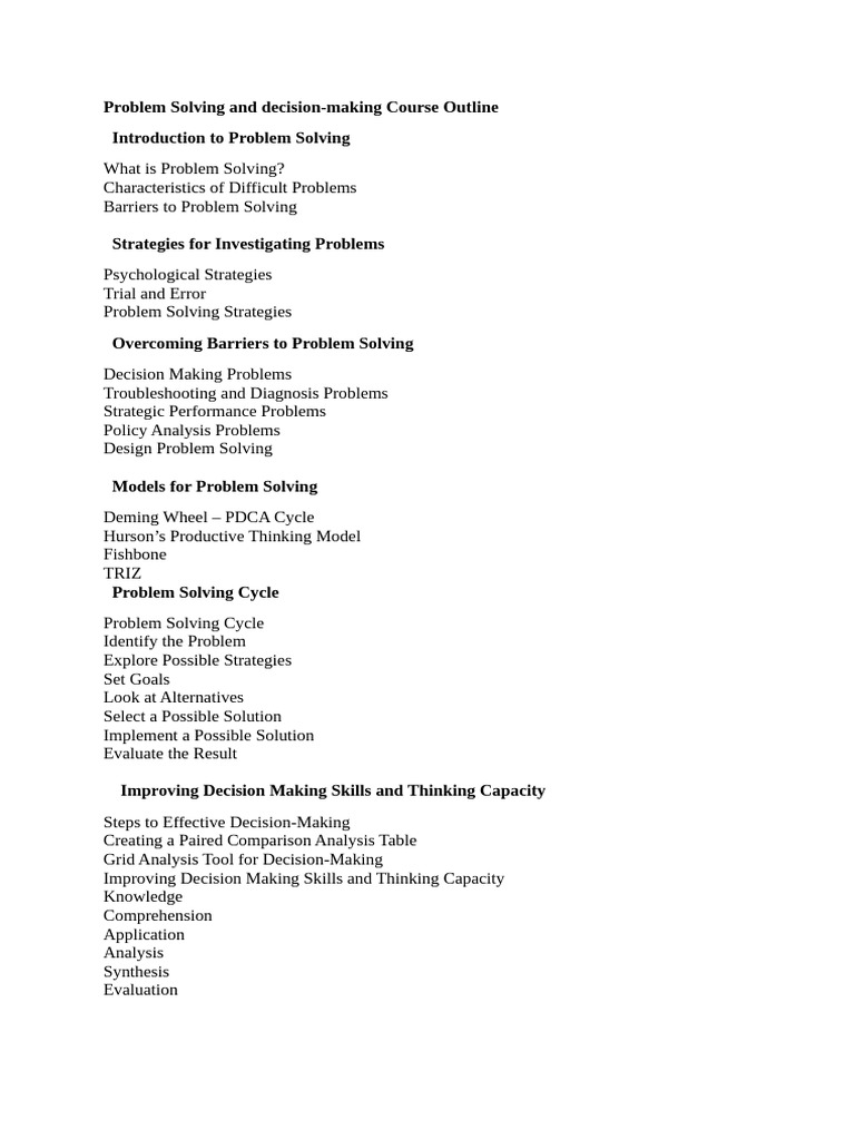 Problem Solving and Decision Making Course Outline | PDF