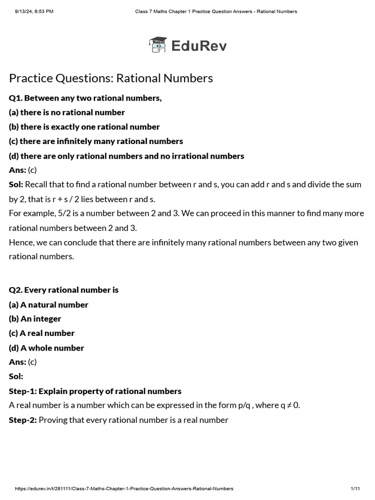 Class 7 Rational Numbers Practice Questions | PDF | Numbers | Rational ...