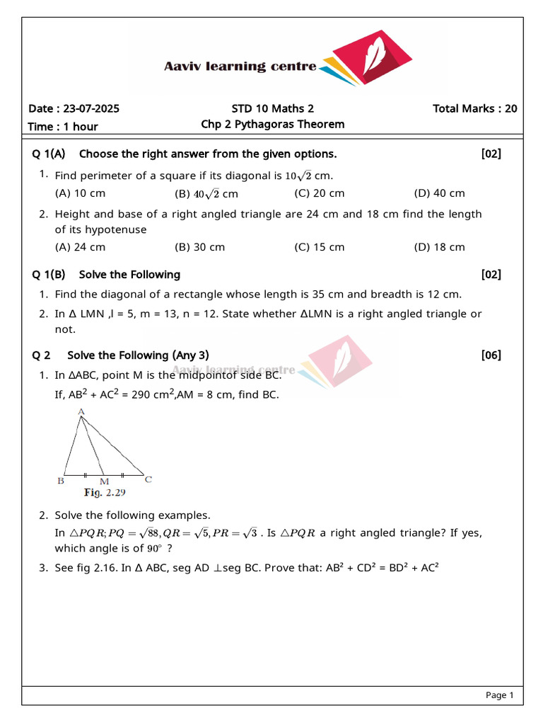 Pythagoras Theorem Exercises for Class 10 | PDF | Trigonometry | Geometry