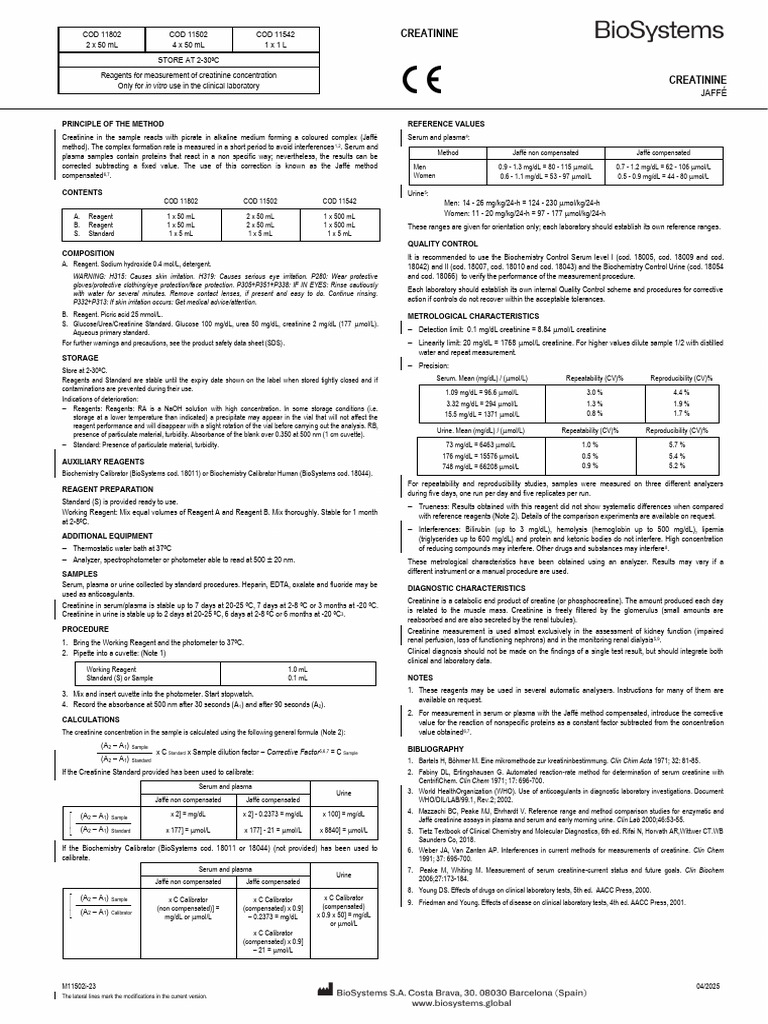 Creatinine Measurement Reagents Guide | PDF | Creatinine | Kidney