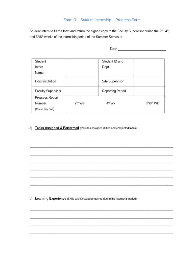 Student Internship Progress Report Form | PDF | Educational Stages | Labor