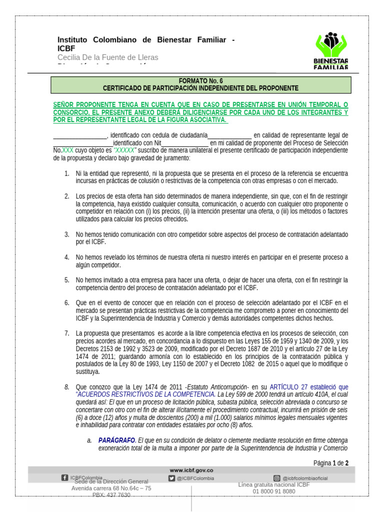 Formato No. 06 - Certificado de Participacion Independiente Del ...