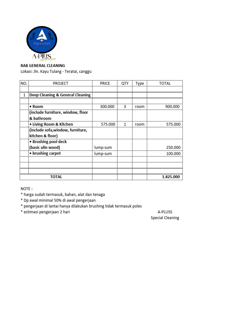 RAB Aplus Cleaning For 1 Unit Villa | PDF