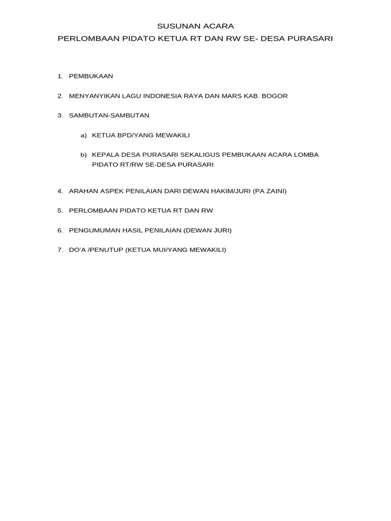 Acara Lomba Pidato RT/RW Purasari | PDF