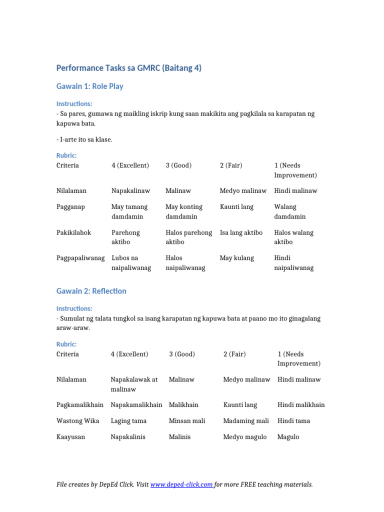 Performance Tasks GMRC Grade4 | PDF