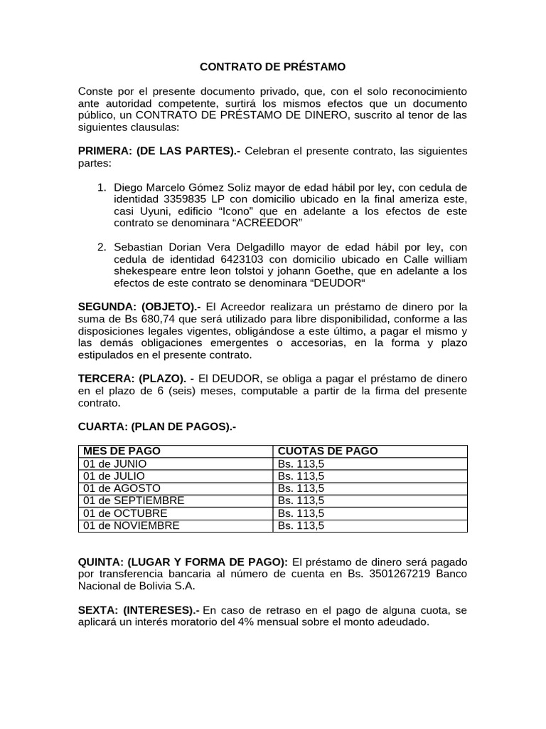 Contrato de Préstamo de Dinero 2025 | PDF | Pagos | Dinero