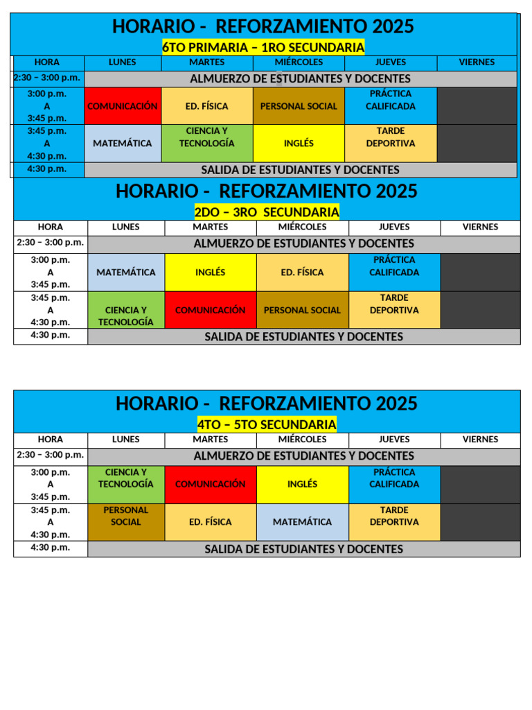 Horario de Reforzamiento 2025 Secundaria | PDF