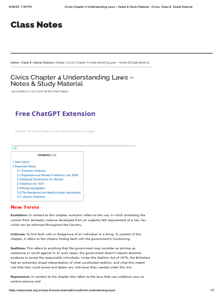 Understanding Laws: Class 8 Civics Notes | PDF | Crimes | Crime & Violence