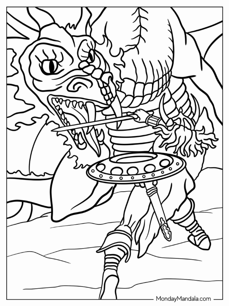 Warrior Fighting Dragon Dungeons and Dragons Coloring Sheet | PDF