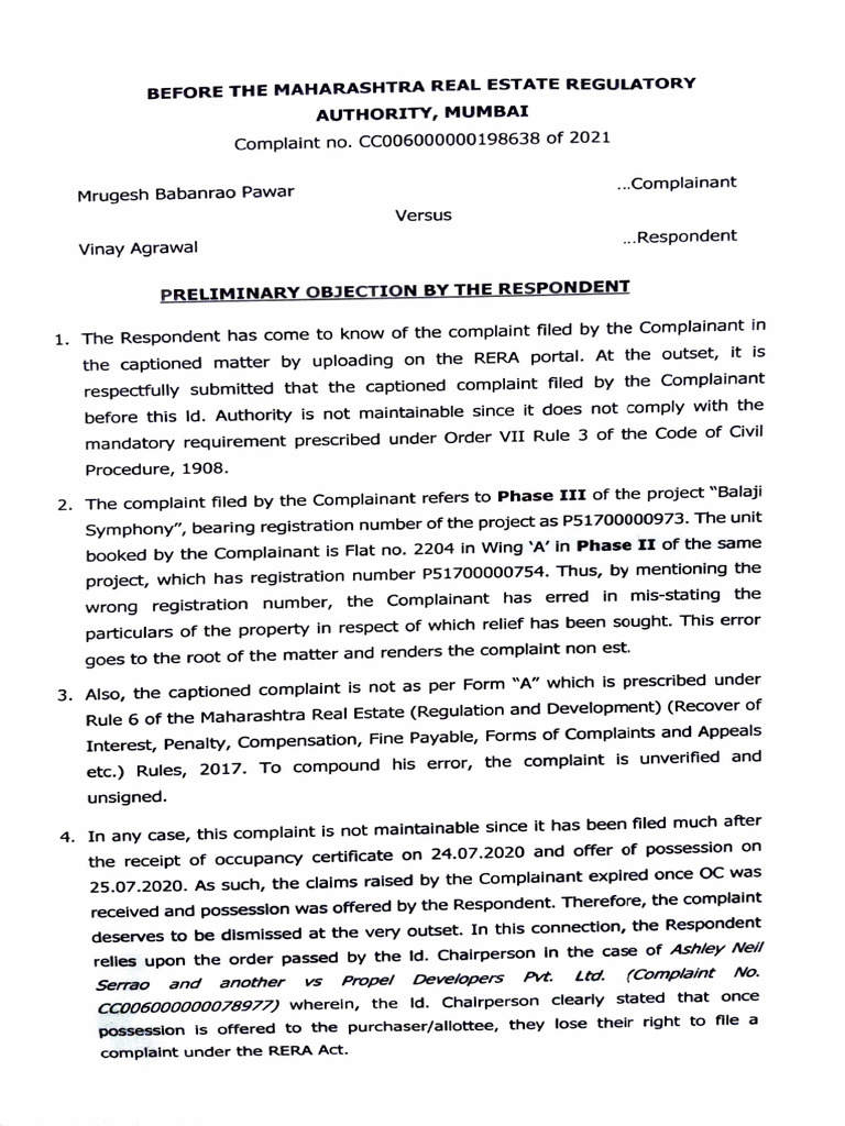 RERA Complaint Preliminary Objection | PDF | Complaint | Justice