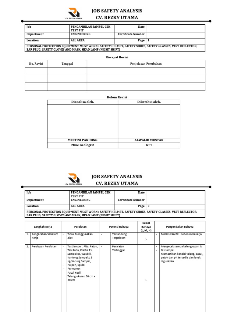 JSA Pengambilan Sampel Cek Test Pit | PDF