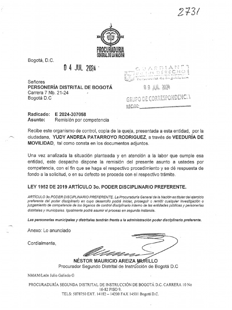 E-2024-307058 Oficio Remitido A La Personeria Distrital de Bogotá ...