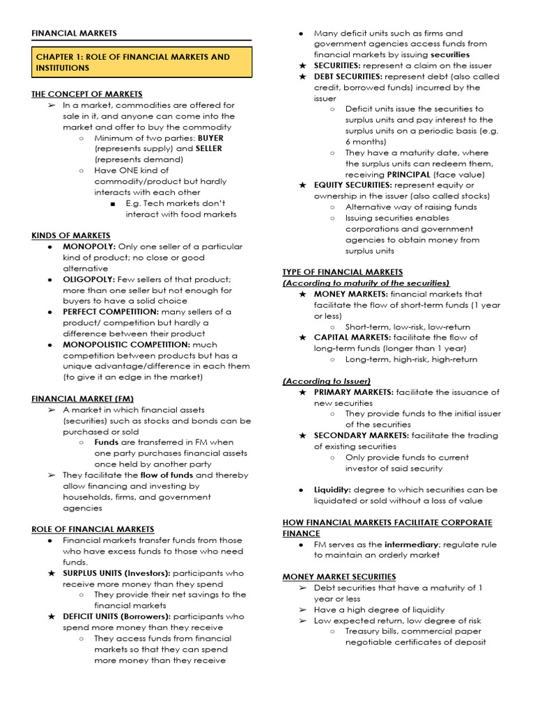 Understanding Financial Markets and Roles | PDF | Securities (Finance ...