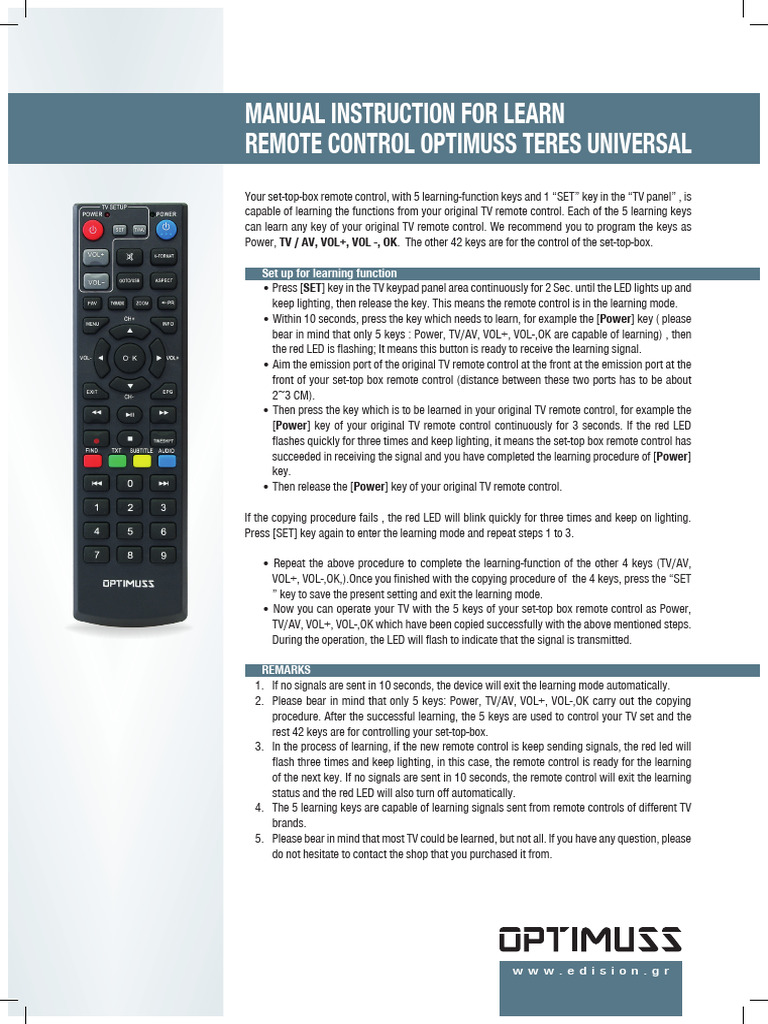 Optimuss Teres Remote Control Guide | PDF | Telecommunications ...