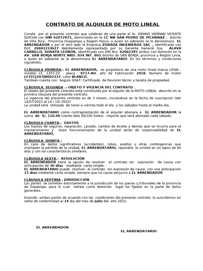 Contrato de Alquiler de Moto y Motocarga | PDF