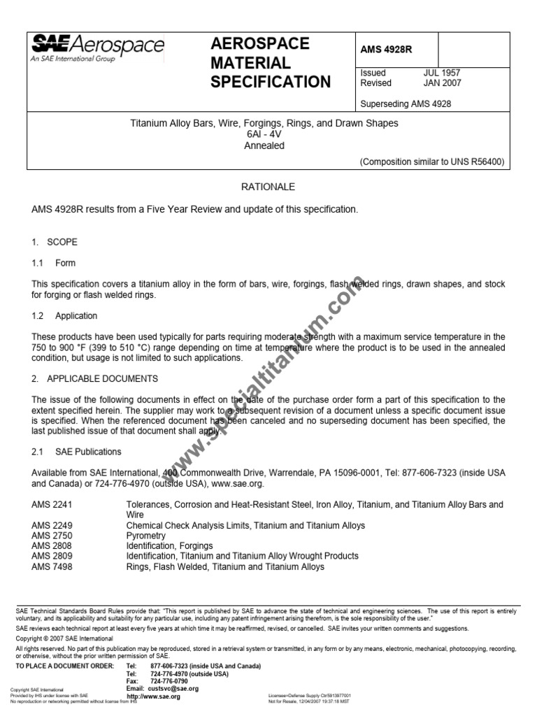 AMS 4928R: Titanium Alloy Specifications | PDF | Titanium | Construction