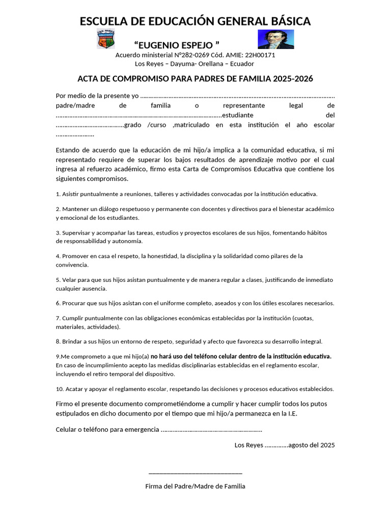 Acta de Compromiso para Padres 2025 | PDF | Escuelas | Aprendizaje