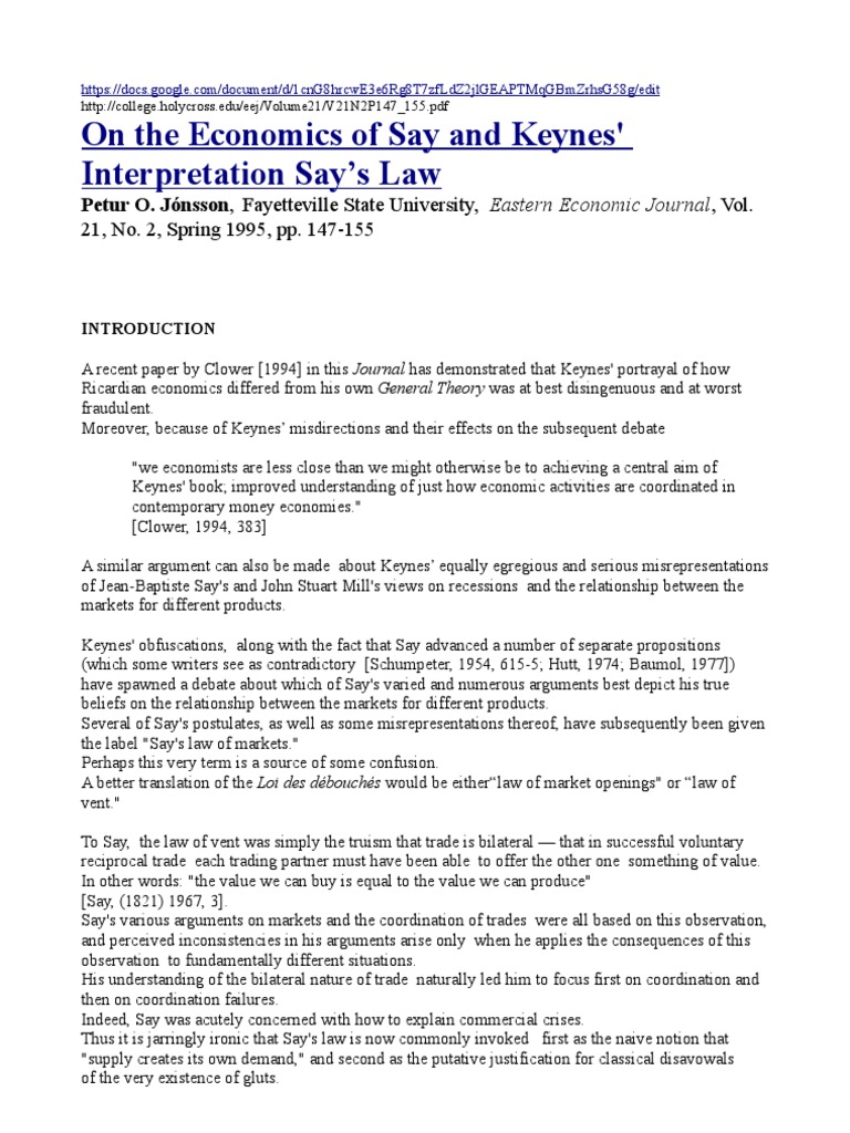 Jonsson Keynes' Interpretation of Say's Law PDF John Maynard Keynes Economic Theories