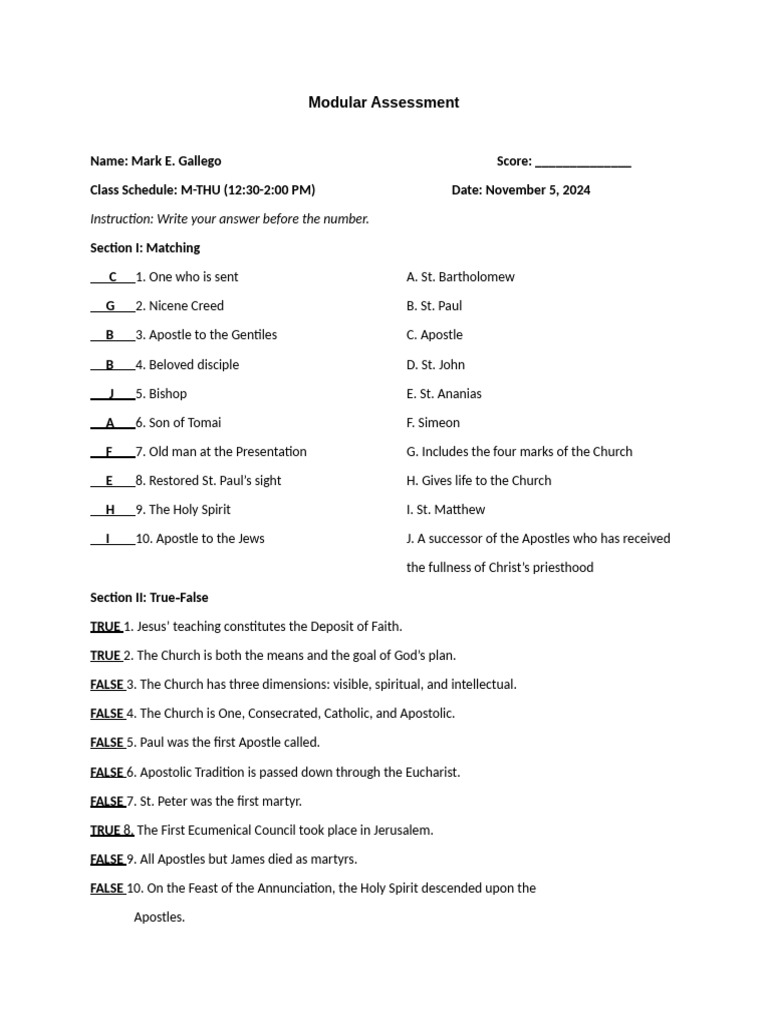 Modular Assessment: Church History Quiz | PDF | Catholic Church | Saint ...