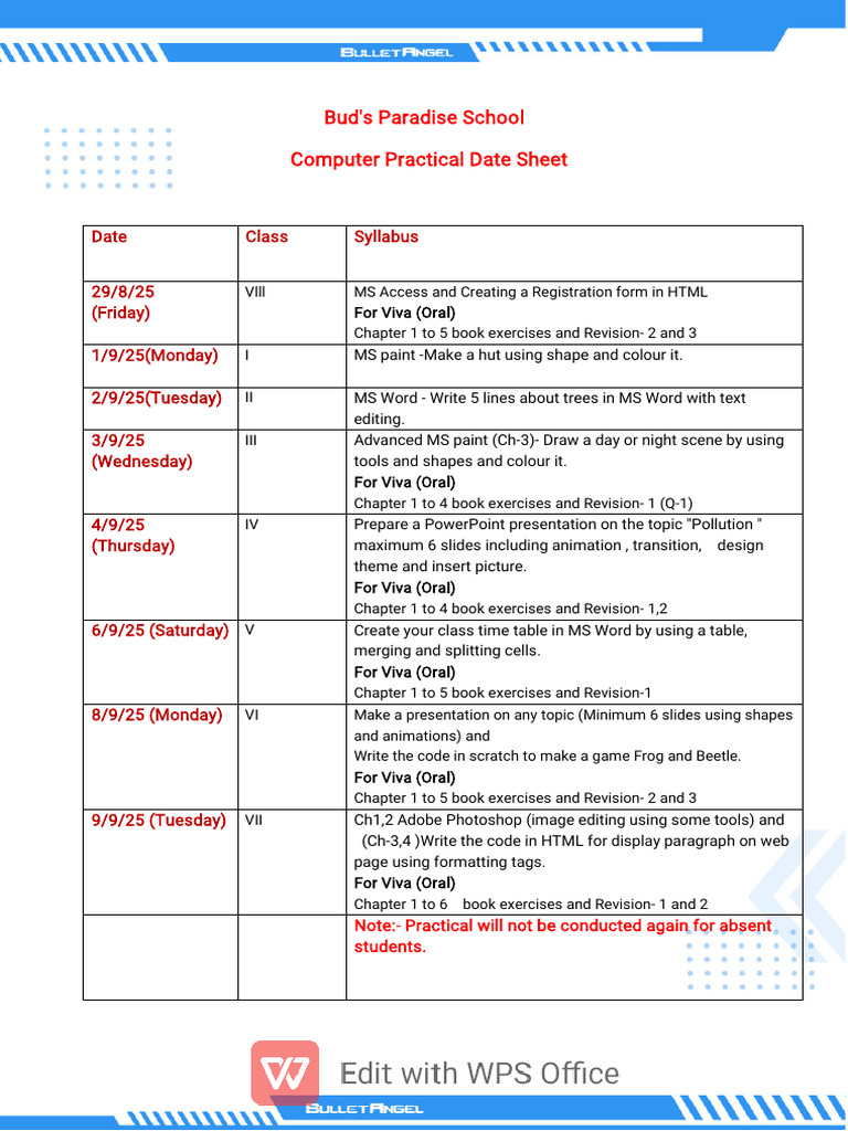 Half Yearly Computer Practical Date Sheet | PDF