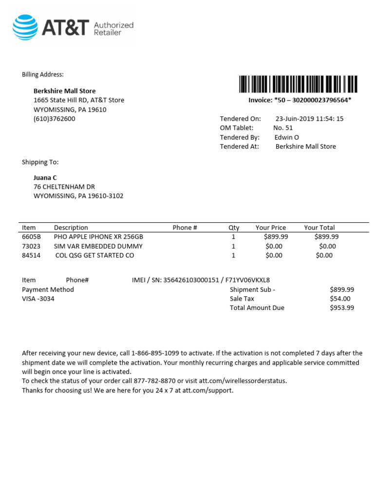 AT&T Receipt for iPhone XR Purchase | PDF
