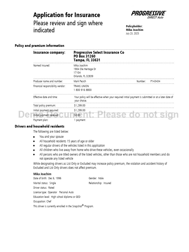 Insurance Application for Mika Joachim | PDF | Insurance | Credit Card