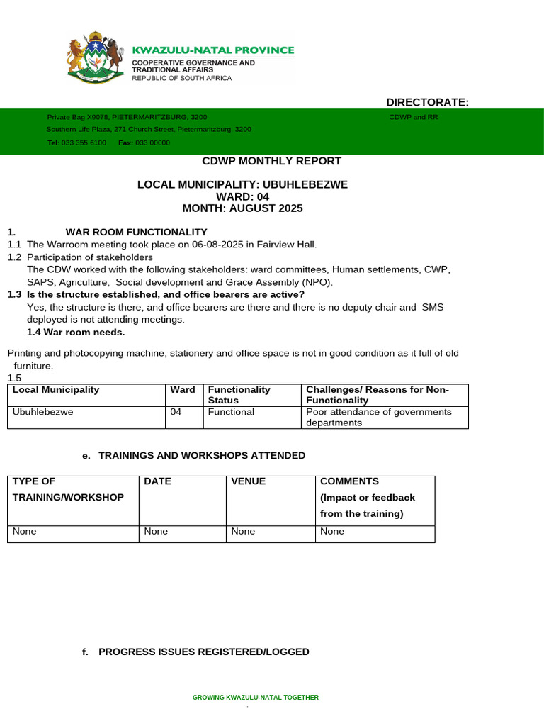 Ubuhlebezwe Ward 04 Monthly Report August 2025 | PDF