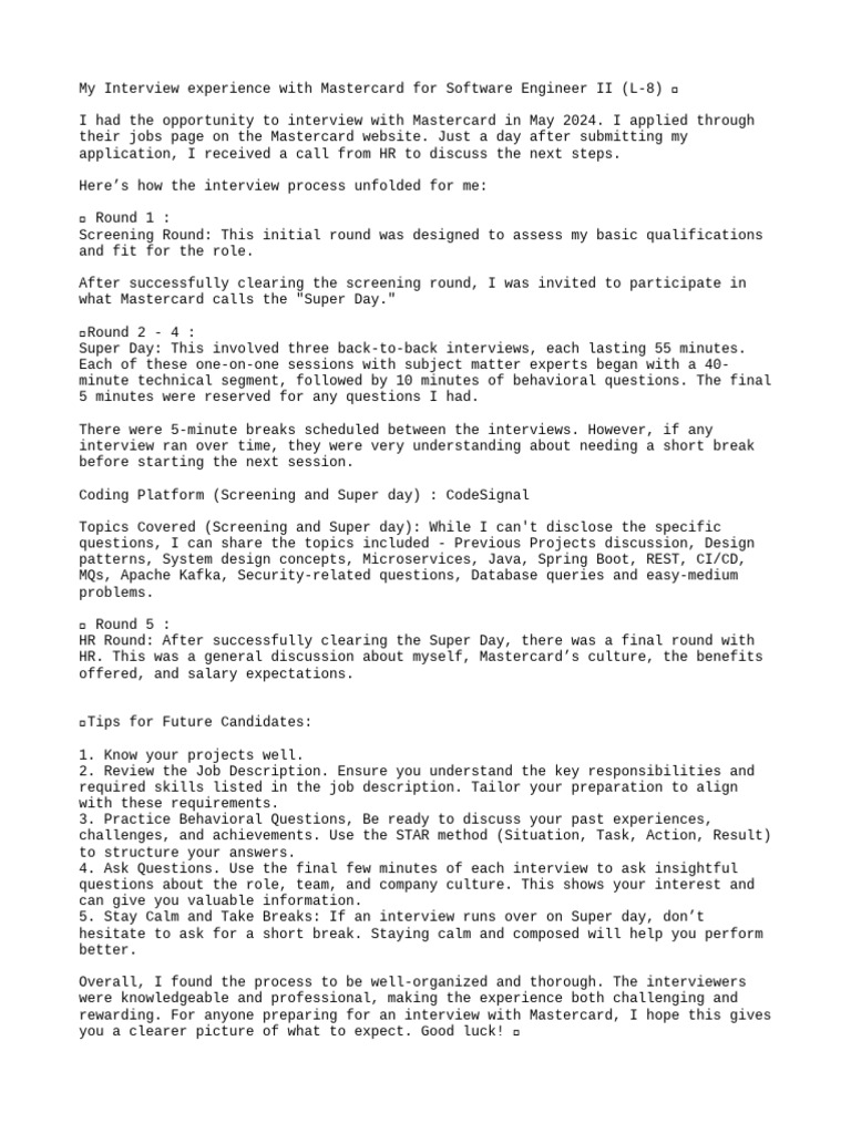 Mastercard Software Engineer II Interview Guide | PDF