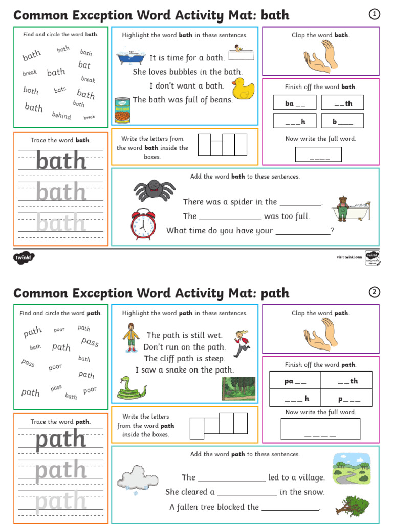 Word Activity Mat: Bath, Path, Any, Many, Busy | PDF | Foods