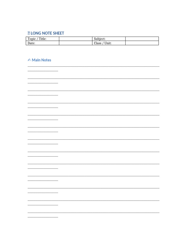 Long Note Sheet Template | PDF