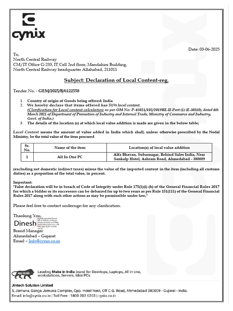 Dinesh: Subject: Declaration of Local Content-Reg | PDF