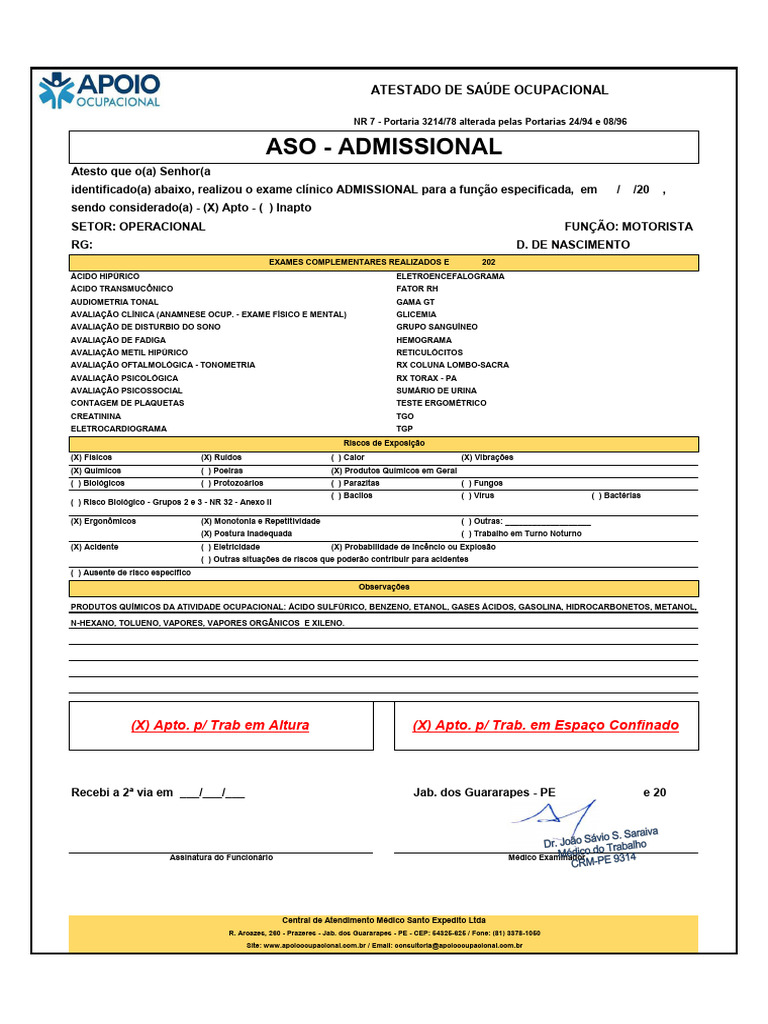 ASO Admissional e Exames Ocupacionais | PDF | Especialidades médicas